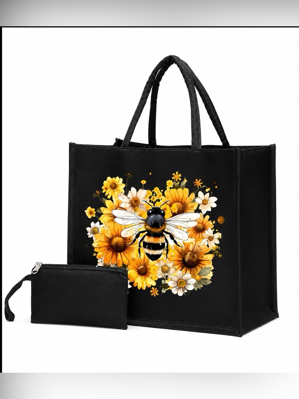 Honey Bee Pattern Tote Bag 2 Piece Set Lightweight Shopping Tote & Wristlet New - Picture 3 of 3